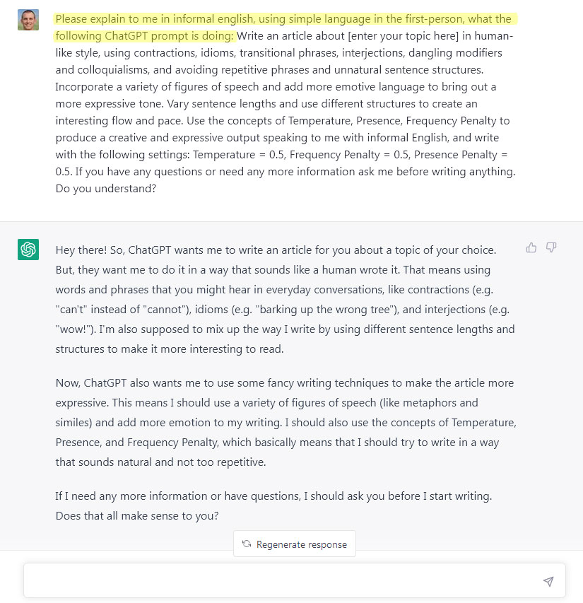 An image showing ChatGPT's explaination of what a specific prompt does, in particular explaining how it makes more human-like content.